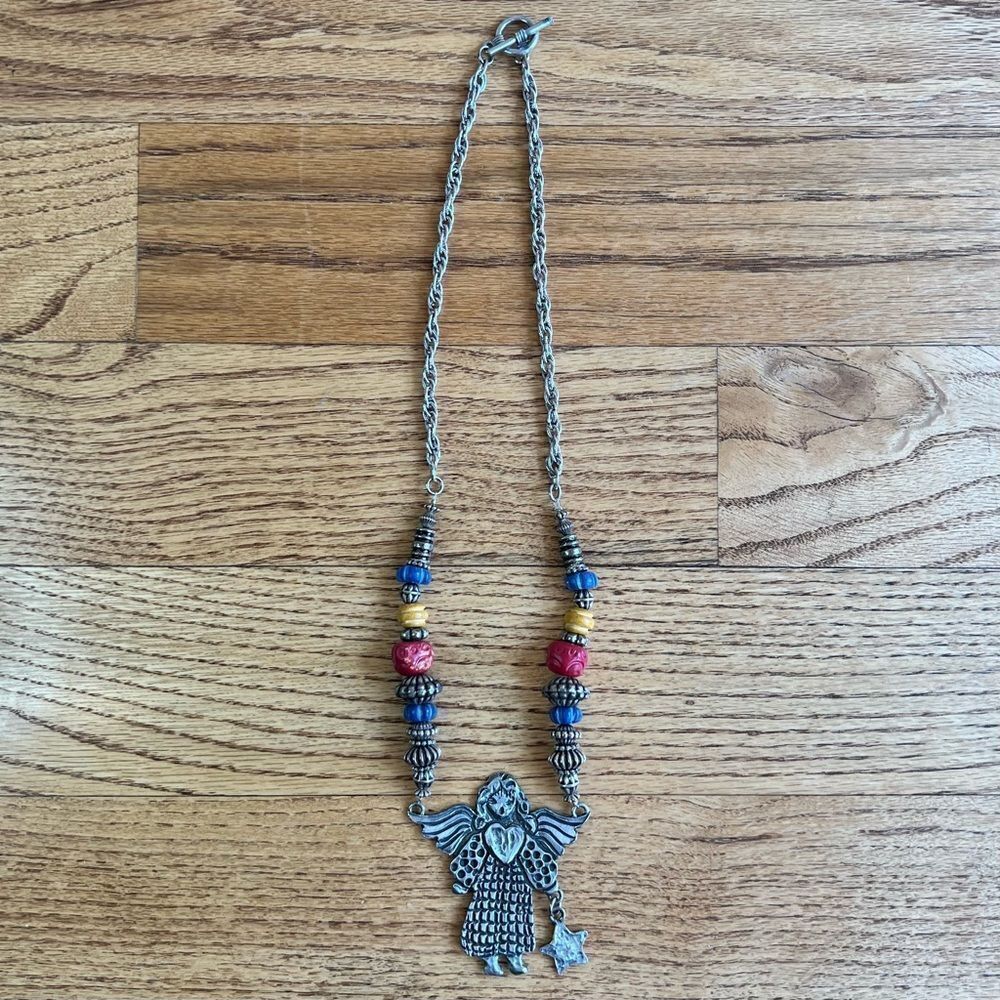 Rare Vintage Marcie USA Designer Hammered Pewter Angel Pendant Necklace Beads